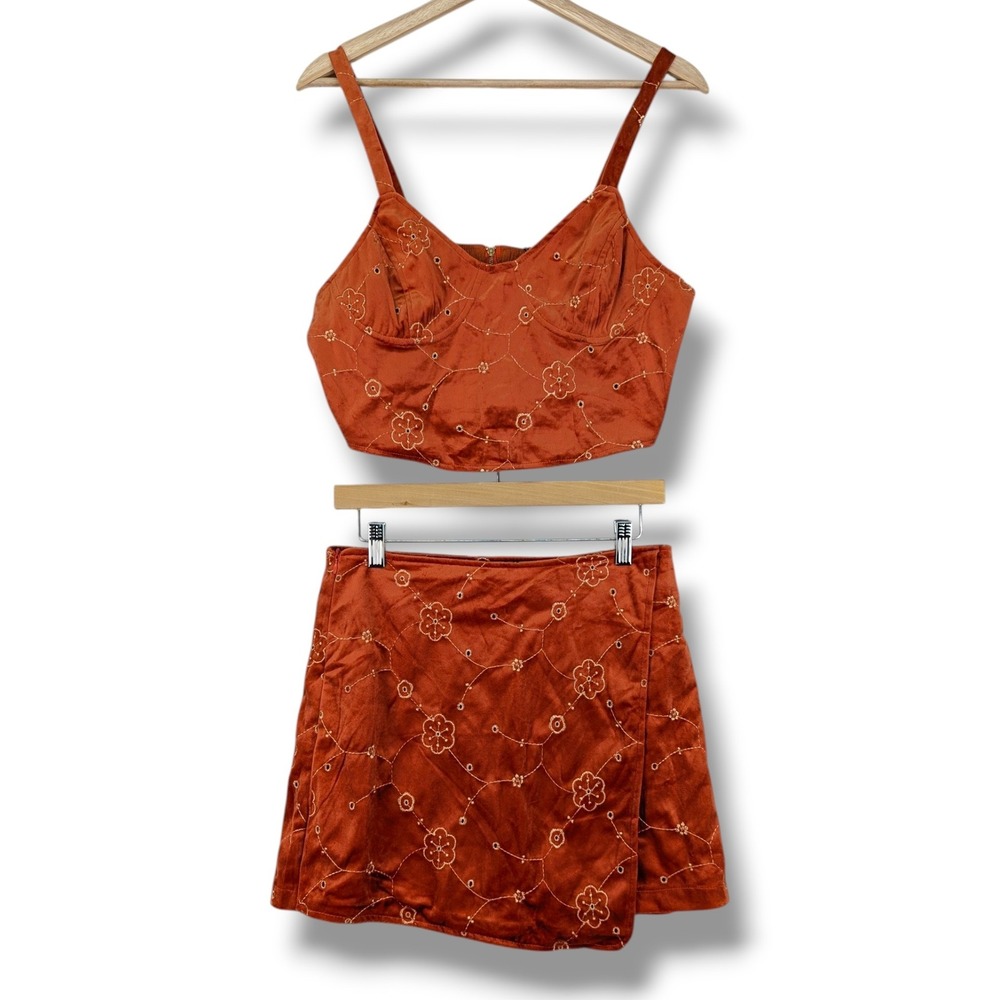 Cider Rust Orange Velvet Floral Embroidered 2 Piece Crop Top and Mini Skirt Set